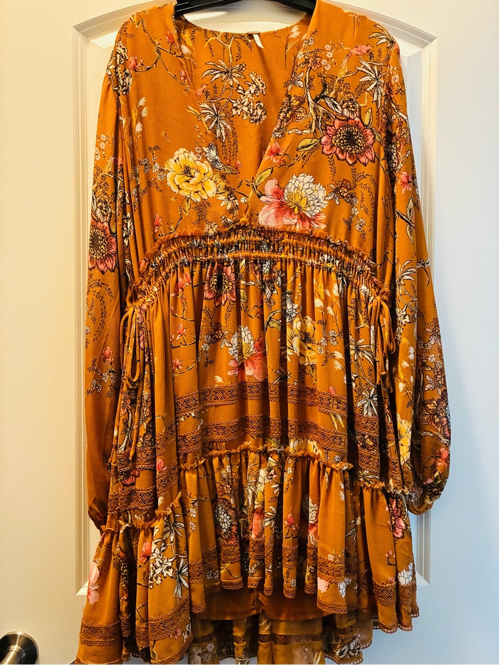 Smocked Waist Floral Long-Sleeve Dress - Mustard